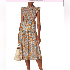 Smocked Ruffle Floral Midi Dress in Blue and Orange